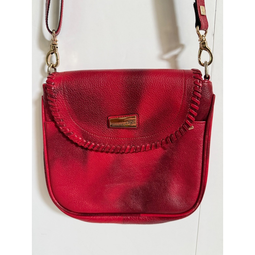 Vtg Moochies Red Leather Crossbody Bag Whipstitch Detail Ombre Gold Tone Detail
